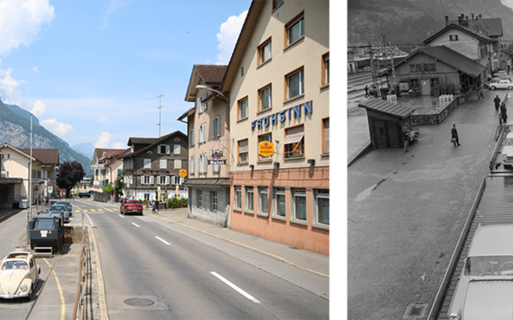 «Die Autoverlad-Station in Erstfeld besteht noch immer, rechts in Betrieb 1963.»