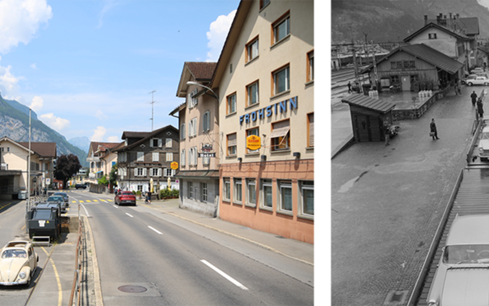 «Die Autoverlad-Station in Erstfeld besteht noch immer, rechts in Betrieb 1963.»