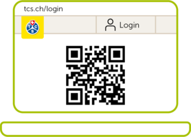 Illustration eines Laptop-Bildschirms mit der TCS-Website geöffnet. Oben ist die URL ‚tcs.ch/login‘ und eine Login-Schaltfläche mit einem Benutzer-Symbol zu sehen. In der Mitte befindet sich ein QR-Code für den Login.