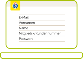 Illustration eines Login-Formulars für TCS-Mitglieder. Enthält Eingabefelder für E-Mail, Vorname, Name, Mitglieds- oder Kundennummer sowie Passwort.