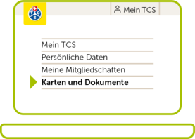 Nahaufnahme der Navigationsleiste für TCS-Mitglieder, wobei der Menüpunkt "Karten und Dokumente" durch einen grünen Pfeil hervorgehoben ist. Darüber die Logos von TCS und «Mein TCS» sowie ein Personensymbol.