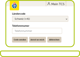 Das Bild zeigt das Login-Formular auf der TCS-Website, in dem der Benutzer seine Telefonnummer mit der entsprechenden Länderkennung auswählen und eingeben kann. Die Formularfelder sind hell dargestellt, und es gibt Schaltflächen zum Senden des Codes, zum Anrufen des Benutzers oder zum Abbrechen des Vorgangs.