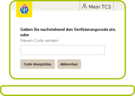 Das Bild zeigt das TCS-Login-Formular zur Eingabe des Verifizierungscodes. Der Benutzer kann den Code in das Feld eingeben und auf "Code überprüfen" klicken. Alternativ kann er einen neuen Code anfordern.