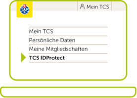 Nahaufnahme der Navigationsleiste für TCS-Mitglieder, wobei der Menüpunkt "Karten und Dokumente" durch einen grünen Pfeil hervorgehoben ist. Darüber die Logos von TCS und «Mein TCS» sowie ein Personensymbol.