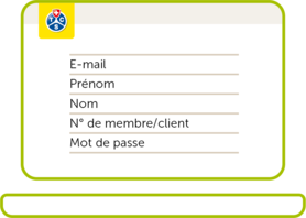 Illustration d'un formulaire de connexion pour les membres du TCS. Contient des champs de saisie pour l'e-mail, le prénom, le nom, le numéro de membre ou de client ainsi que le mot de passe.