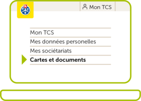 Gros plan sur la barre de navigation pour les membres du TCS, l'option de menu « Cartes et documents » étant mise en évidence par une flèche verte. Au-dessus, les logos du TCS et « Mon TCS » ainsi qu'un symbole de personne.