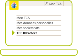 Gros plan sur la barre de navigation pour les membres du TCS, l'option de menu « Cartes et documents » étant mise en évidence par une flèche verte. Au-dessus, les logos du TCS et « Mon TCS » ainsi qu'un symbole de personne.