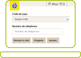 L'image montre le formulaire de connexion sur le site web du TCS, dans lequel l'utilisateur peut sélectionner et saisir son numéro de téléphone avec le code pays correspondant. Les champs du formulaire sont affichés en clair et des boutons permettent d'envoyer le code, d'appeler l'utilisateur ou d'annuler la procédure.