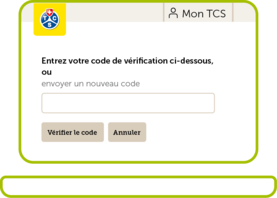 L'image montre le formulaire de connexion TCS pour la saisie du code de vérification. L'utilisateur peut saisir le code dans le champ et cliquer sur « Vérifier le code ». Il peut également demander un nouveau code.