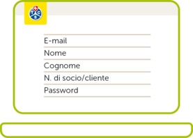 Illustrazione di un modulo di accesso per i soci del TCS. Contiene campi di inserimento per e-mail, nome, cognome, numero di socio o cliente e password.