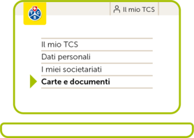 Primo piano della barra di navigazione per i soci del TCS, con la voce di menu “Mappe e documenti” evidenziata da una freccia verde. Sopra di essa si trovano i loghi del TCS e “Il mio TCS” e il simbolo di una persona.