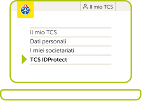 Primo piano della barra di navigazione per i soci del TCS, con la voce di menu “Mappe e documenti” evidenziata da una freccia verde. Sopra di essa si trovano i loghi del TCS e “Il mio TCS” e il simbolo di una persona.