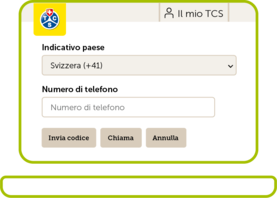 L'immagine mostra il modulo di login sul sito web del TCS, dove l'utente può selezionare e inserire il proprio numero di telefono con il codice paese corrispondente. I campi del modulo sono evidenziati e sono presenti i pulsanti per inviare il codice, chiamare l'utente o annullare il processo.