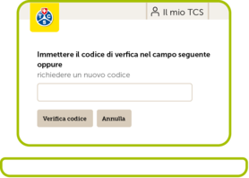 L'immagine mostra il modulo di login TCS per l'inserimento del codice di verifica. L'utente può inserire il codice nel campo e cliccare su “Verifica codice”. In alternativa, può richiedere un nuovo codice.