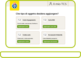 L'immagine mostra le opzioni per aggiungere oggetti al conto TCS, tra cui carte di pagamento (carta di credito, carta bancaria, Postfinance...), carte SIM, codici auto (chiavi dell'auto, codice radio dell'auto) e documenti d'identità (carta d'identità, passaporto).