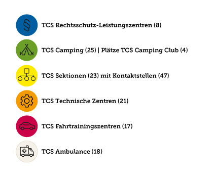 Legende TCS-Standorte Schweiz