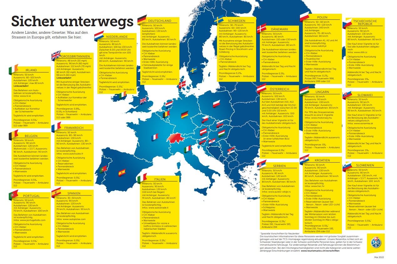 Europakarte mit der obligatorischen Ausrüstung fürs Auto