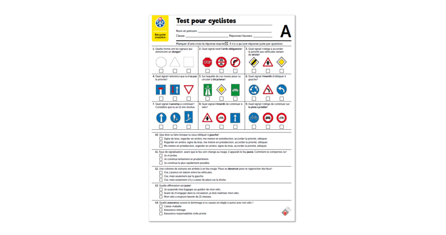 Test pour cyclistes A (6-10 ans) - Feuille A4