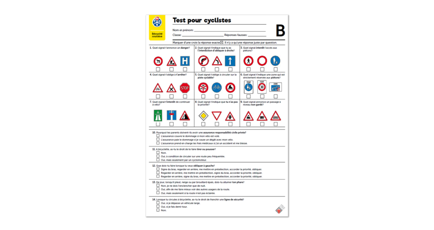 Test pour cyclistes B (6-10 ans) - Feuille A4